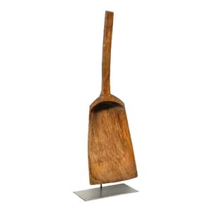 Rustic Wooden Grain Shovel Mounted on Custom Iron Stand , China 19th Century.