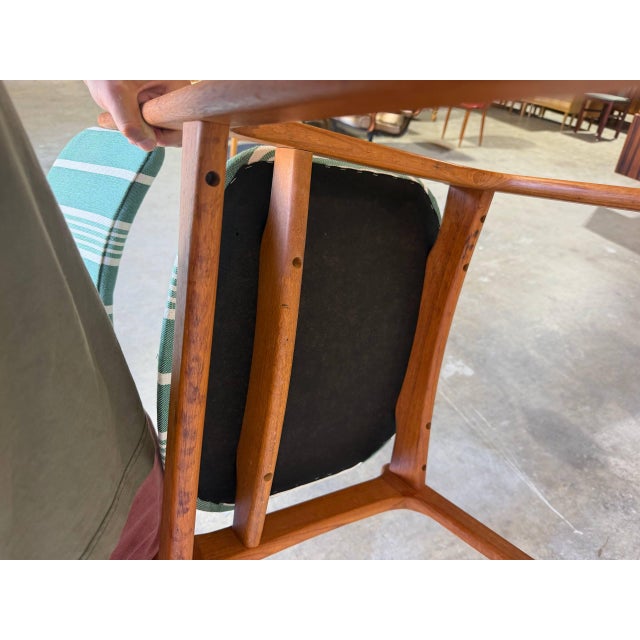 In Style of Erik Buch Model 49 Teak Dining Chair Green Striped Upholstery Danish Mid-Century Modern 1960s For Sale - Image 9 of 10