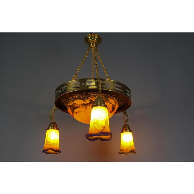 Art Nouveau French Brass Chandelier with Pâte De Verre Glass by Noverdy, 1920s For Sale - Image 4 of 18