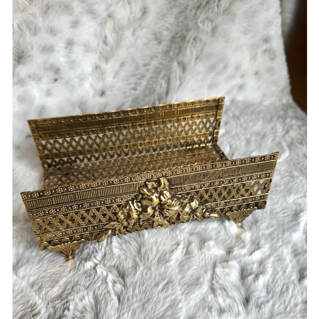 Metal Vintage Gold Tone Filigree Metal Tissue Box For Sale - Image 7 of 7