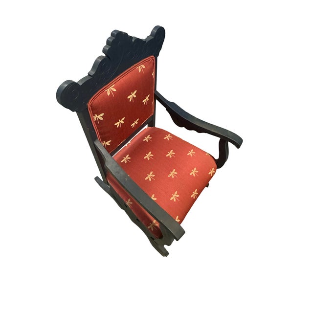 Red Vintage-Style Carved Wood Glider Rocker With Dragonfly Upholstery For Sale - Image 8 of 11