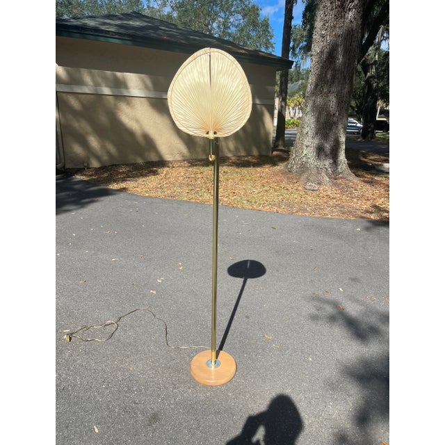 Organic modern floor lamp with an unusual use of materials. The fan shaped shade is made of a dried palm frond. The pole...