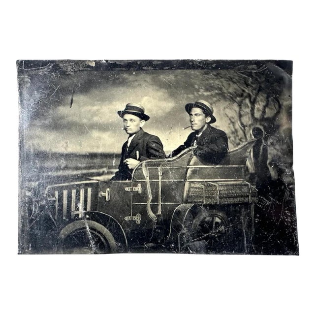 Antique Tintype Photo: Two Men in Prop Car, 19th Century 1/6 Plate For Sale