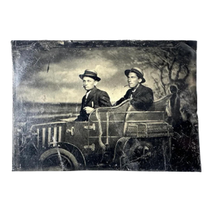 Antique Tintype Photo: Two Men in Prop Car, 19th Century 1/6 Plate