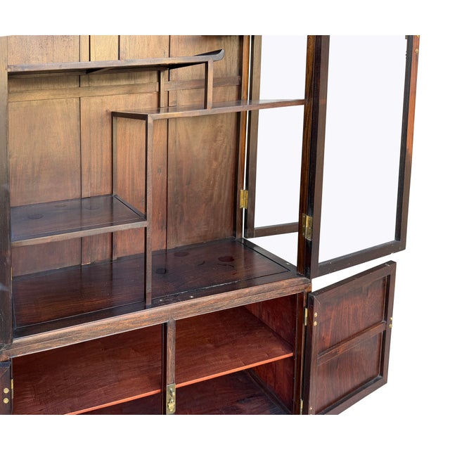 Vintage Dark Brown Oriental Treasure Glass Doors Display Curio Stack Cabinet For Sale - Image 10 of 12
