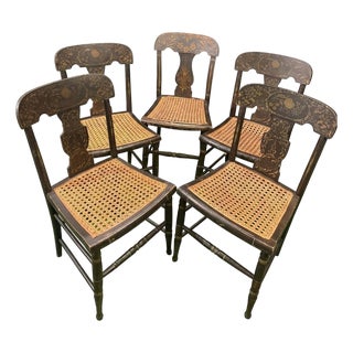 19th Century Hitchcock Style - Set of 5 Antique Painted Stenciled Caned Dining Room Set For Sale