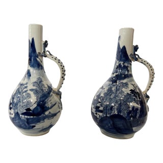 Pair of Mid 19th Century Qing Dynasty Blue and White Wine Jugs With Dragon Handles For Sale