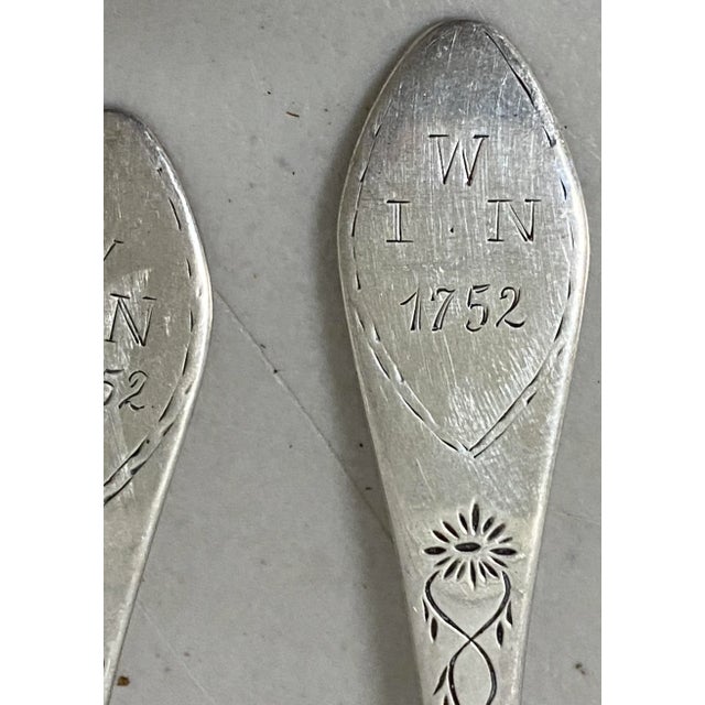 American Three Early American Mid 18th Century Etched Sterling Spoons C.1752 For Sale - Image 3 of 8