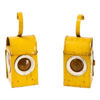 Pair of Antique Yellow Tin Railroad "Dodo" Lanterns For Sale