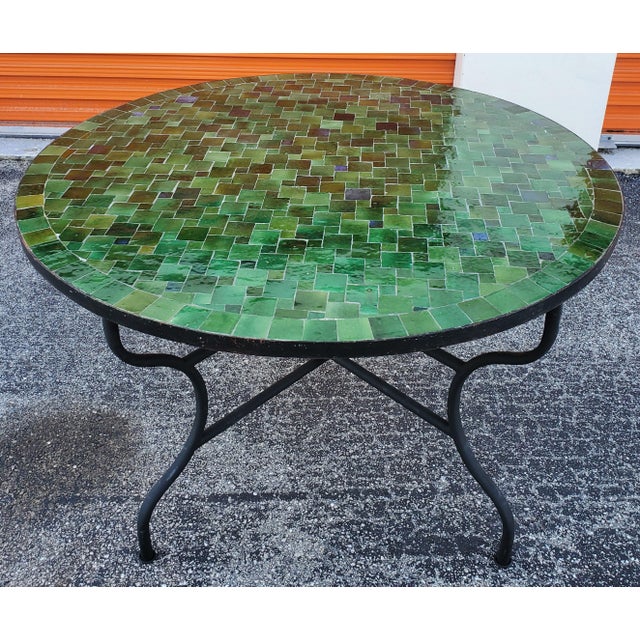 2020s 48" Round Moroccan Mosaic Table, Tamegrout Green Bejmat Style / Squares For Sale - Image 5 of 7