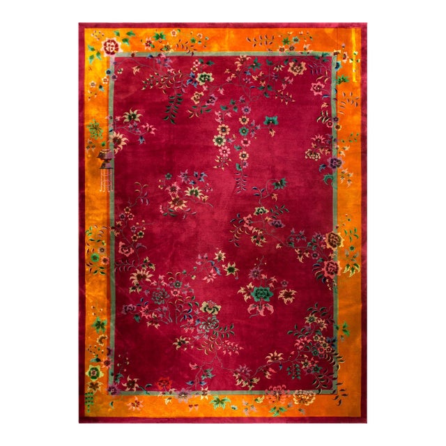 Exciting Red Background Color With Asymmetric Floral Design Antique Chinese Art Deco Rug For Sale