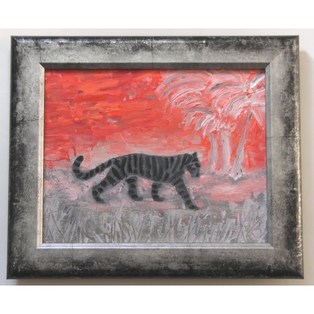 An black tiger in an abstract tropical landscape and border in shades of red-orange, shades of gray and antique white....