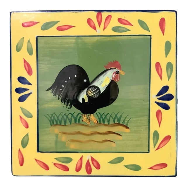 Late 20th Century Provence Baum Bros. Style Eyes Hand Painted Terra-Cotta Country Rooster Wall Hanging Trivet Tile For Sale