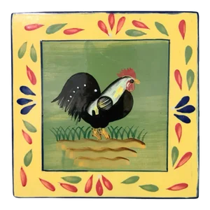 Late 20th Century Provence Baum Bros. Style Eyes Hand Painted Terra-Cotta Country Rooster Wall Hanging Trivet Tile