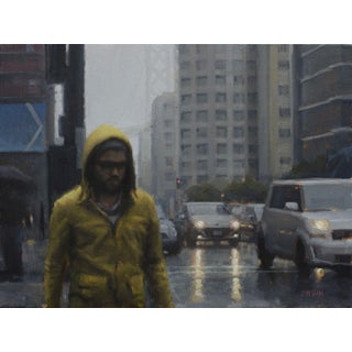 Yellow Raincoat Study by Joevic Yeban | Oil Painting of a figure in a yellow raincoat in the city. For Sale