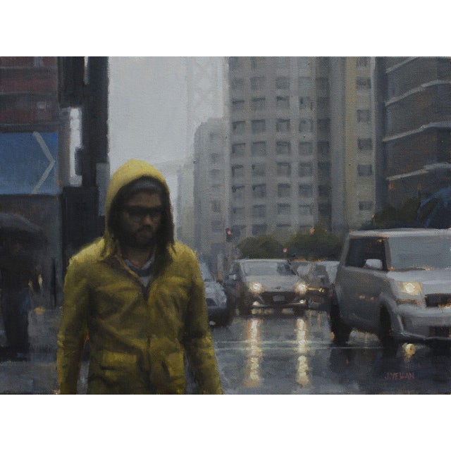 Yellow Raincoat Study by Joevic Yeban | Oil Painting of a figure in a yellow raincoat in the city. For Sale