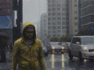 Yellow Raincoat Study by Joevic Yeban | Oil Painting of a figure in a yellow raincoat in the city.