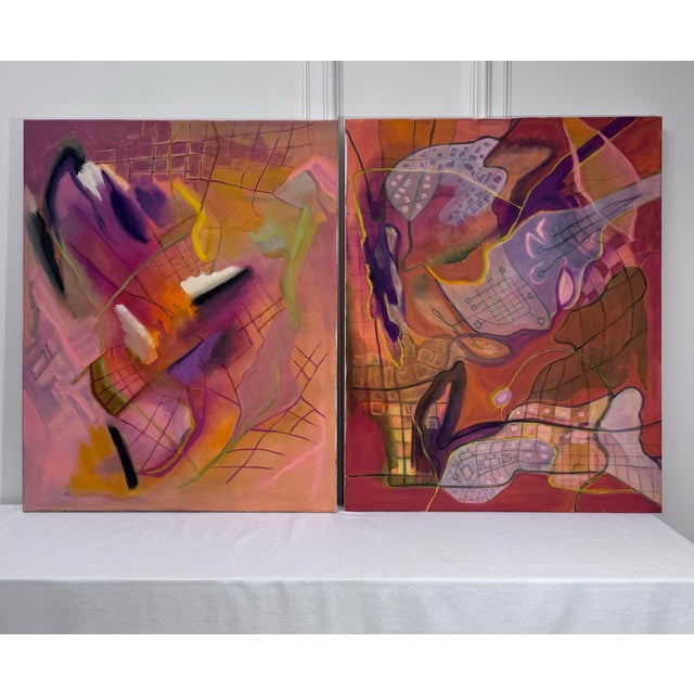 This striking pair of original large-scale oil paintings on canvas lends toward a contemporary abstract expressionism with...