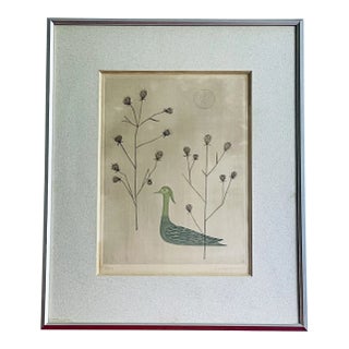 Keiko Minami Grass & Birds 1962 Japan Modernist Etching Aquatint Signed 28/50 For Sale