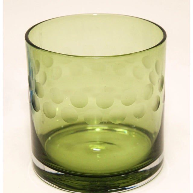 Set of Four Vintage Drinking Colored Crystal Glasses With Etched Design For Sale - Image 9 of 13