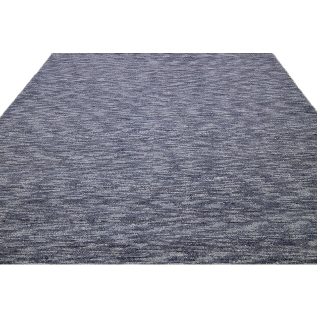 Indian Modern Delino Handloom Abstract Solid Navy Blue Wool Rug For Sale - Image 3 of 10