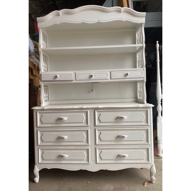 1950s Furniture; Beautiful French Country White, Solid Hardwood, Tall & Wide Dresser Base With Hutch Top Piece For Sale - Image 5 of 5