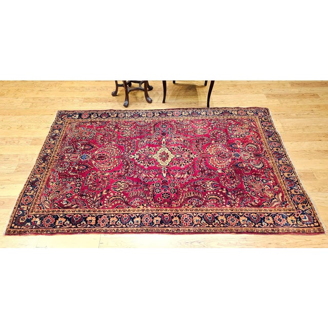 Antique Sarouk Area Rug, Hand-Knotted Wool, Allover Floral Pattern, 4x6, Red & Navy For Sale In Chicago - Image 6 of 17