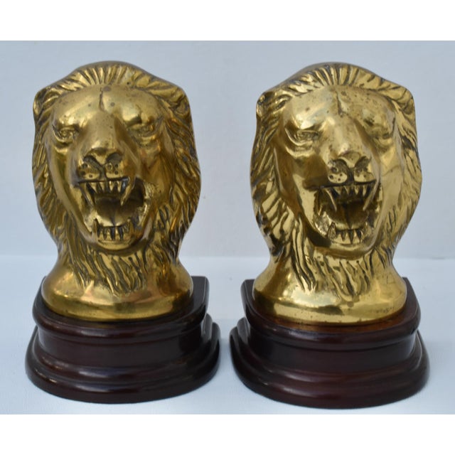 Vtg. Pair of Brass Lion Head Traditional Style Bookends W/Wood Base For Sale - Image 9 of 12