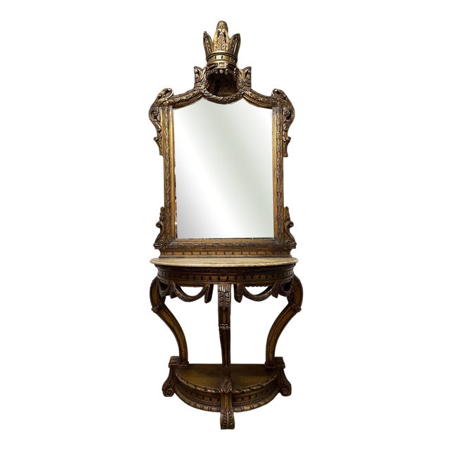 French Style Gilt Wood Console Table with Marble Top and Mirror For Sale