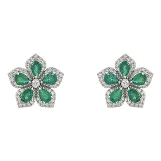 Floral Art Deco 3.1ct Emerald Diamond Cluster Gemstone Earrings in 14k Yellow Gold- A Pair For Sale