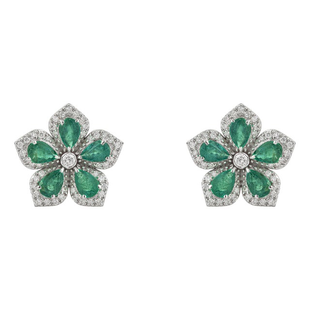 Floral Art Deco 3.1ct Emerald Diamond Cluster Gemstone Earrings in 14k Yellow Gold- A Pair For Sale