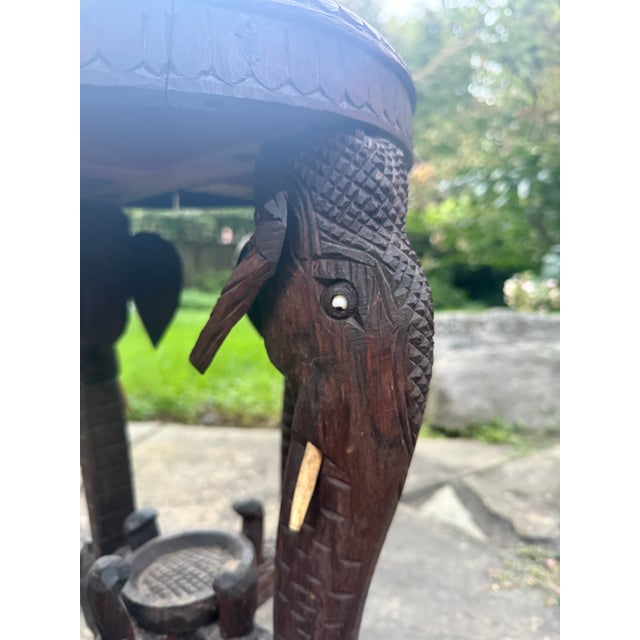 Antique Anglo-Indian Hand-Carved Elephant Side Table With Bone Inlay For Sale - Image 10 of 18