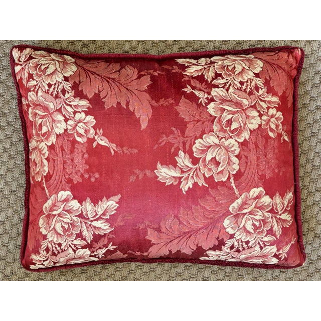 Mid 20th Century Red Floral Velvet Down-Filled Pillow With Brush Fringe For Sale - Image 5 of 6