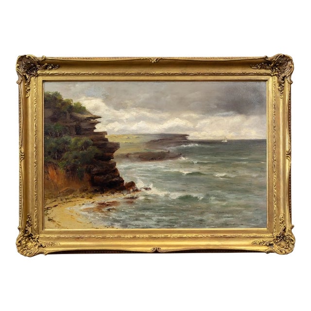 Coastal View With Cliffs Antique Seascape Oil Painting British School For Sale