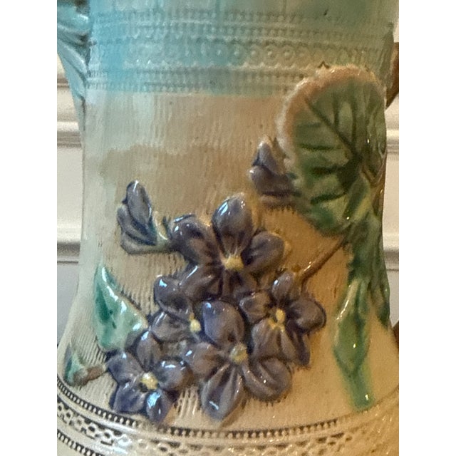 Tan Antique Majolica Floral Pitcher For Sale - Image 8 of 9