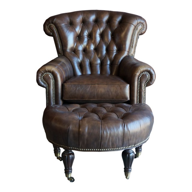 Leather Tufted Chair and Ottoman For Sale