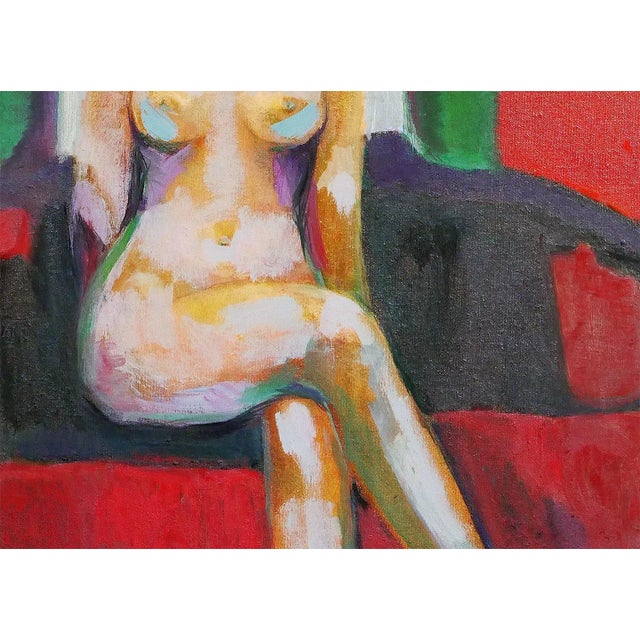1970s Modern Abstract Red and Green Toned Interior Painting of a Nude Female Figure by Margaret Nobler For Sale In Houston - Image 6 of 9