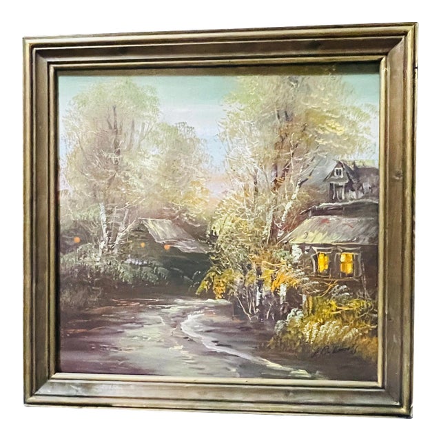 Art Oil on Canvas of Cottages by River For Sale