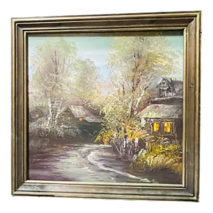 Art Oil on Canvas of Cottages by River