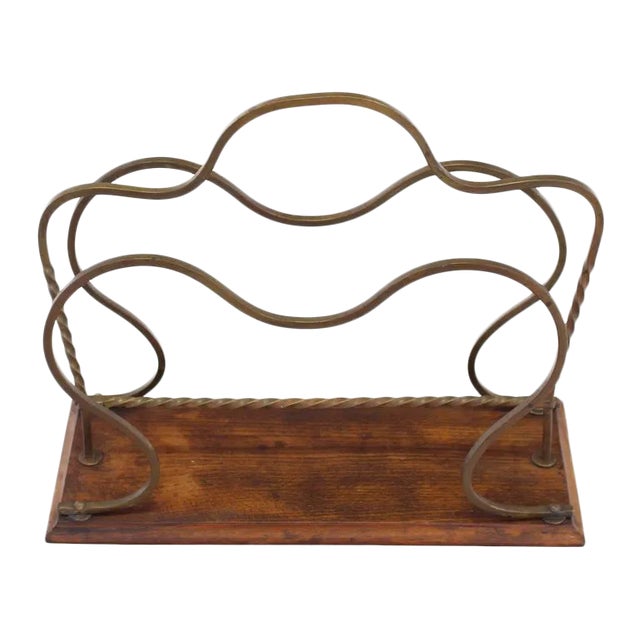 Vintage Mid Century Twisted Brass and Wood Magazine Rack For Sale - Image 6 of 6