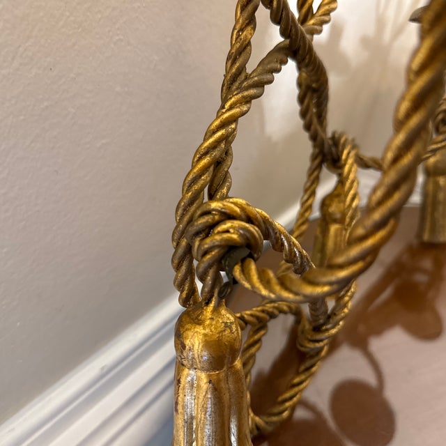 1970s Vintage Pair Brass Rope Tassel Wall Sconces Hollywood Regency Candle Holders For Sale - Image 5 of 9