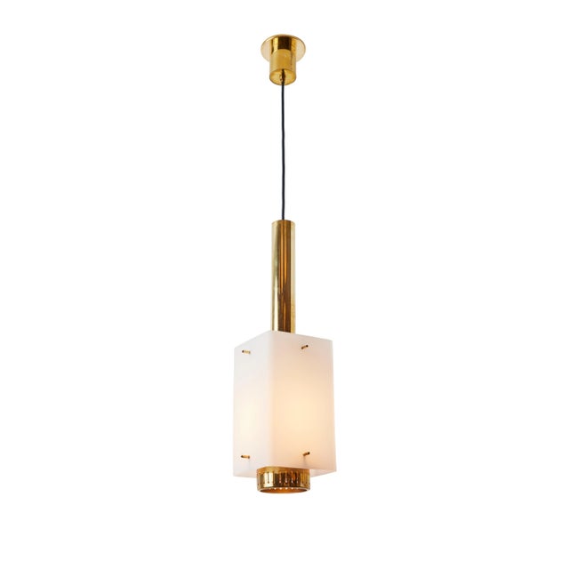 Large 1950s Stilnovo Model Brass and Glass Pendant With Original Yellow Label For Sale - Image 13 of 13