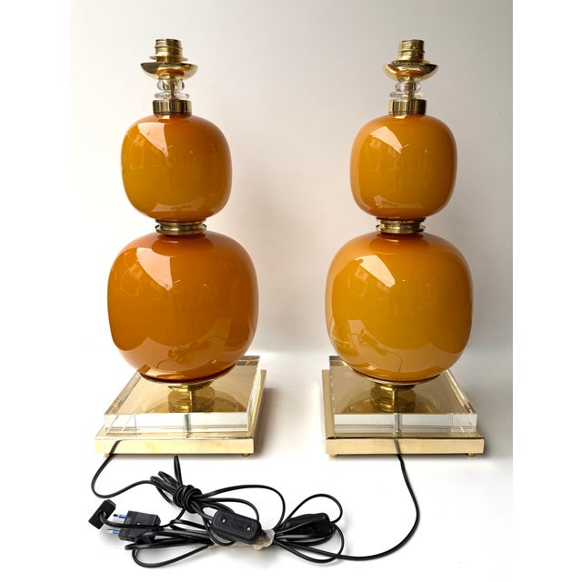 Contemporary Pair of Brass and Orange Murano Glass Bulbs Lamps, Italy For Sale - Image 10 of 13