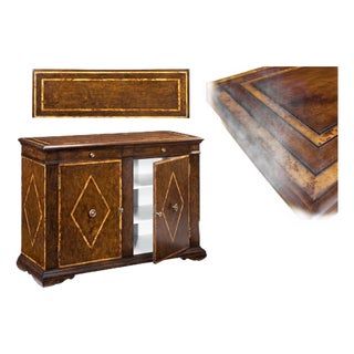 Large-Scale Solid Walnut Sideboard With Burly Inlay, Keyed Doors, Adjustable Shelves and White Pigmented Lacquer Interior For Sale