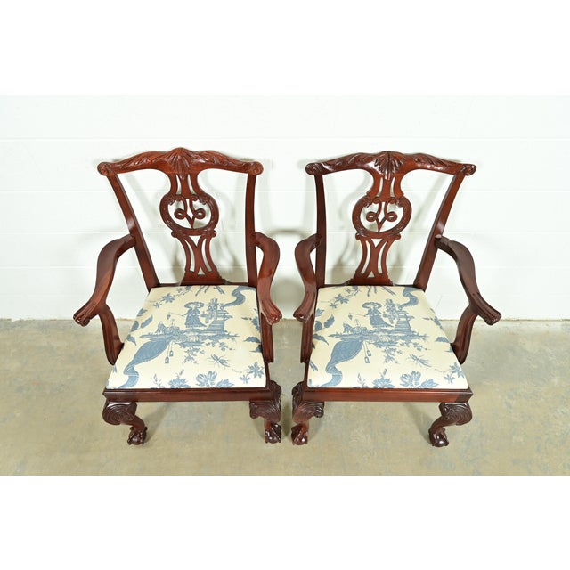 Late 20th Century Baker Furniture Chippendale Carved Mahogany Armchairs or Dining Captain Chairs, Pair For Sale - Image 5 of 12