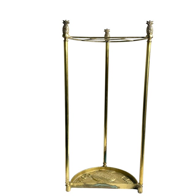 Vintage Cast Brass Demi Lune Umbrella Stick Stand With Pineapple Finials For Sale - Image 6 of 17