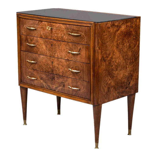 Italian Mid-Century Burl Walnut Four-Drawer Chest With Black Glass Top For Sale
