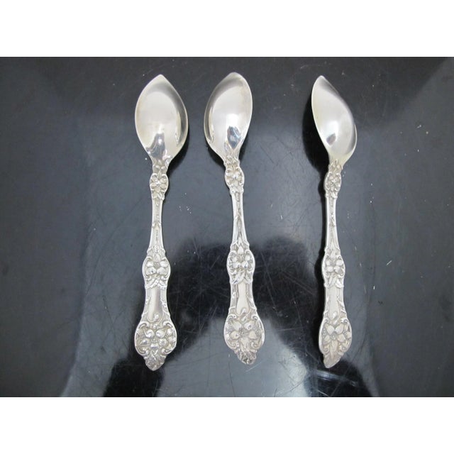 Art Nouveau Antique Alvin Sterling Silver Old Orange Blossom 5 7/8" Citrus Spoon Set of 3 For Sale - Image 3 of 10