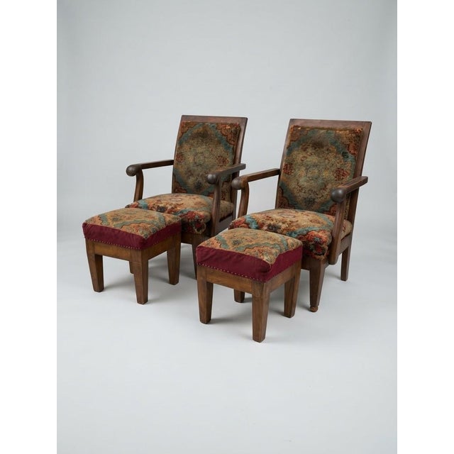 Set of Hungarian Art Deco Lounge Chairs with Matching Ottomans, 1930s For Sale - Image 4 of 4