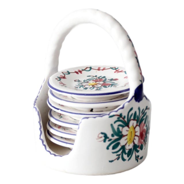 Vintage Crespo Spanish Faience Coaster Set With Basket Holder For Sale